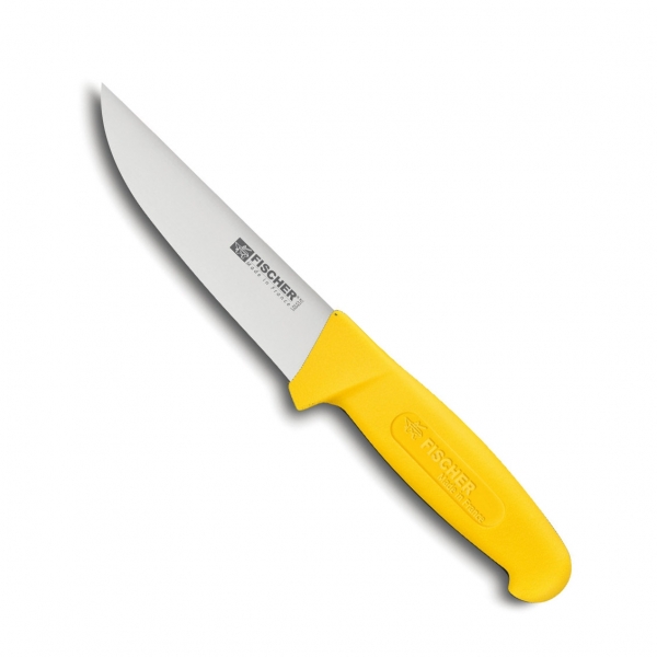 Couteau de boucher lame alvéolée, manche jaune, lame 23 cm