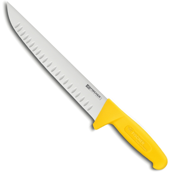 Couteau de boucher lame alvéolée, manche jaune, lame 23 cm