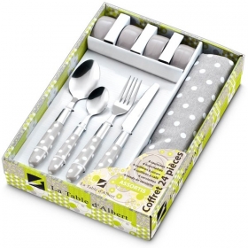 Coffret 16 pièces en inox + serviettes + ronds de serviettes taupe