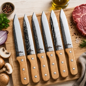 Coffret 6 couteaux Steak Chêne lame décorée