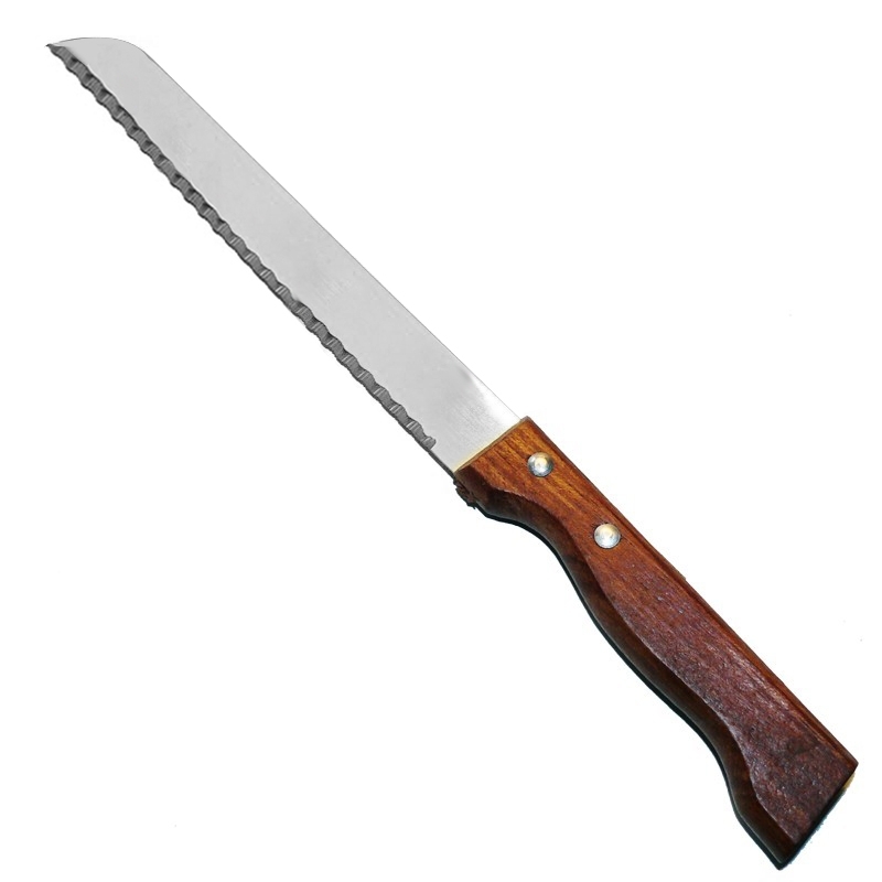 Couteau à pain lame crantée de 20cm, manche en bois