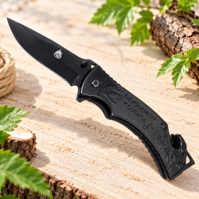 Couteau de survie Pompier tout métal noir – Dévouement & Courage